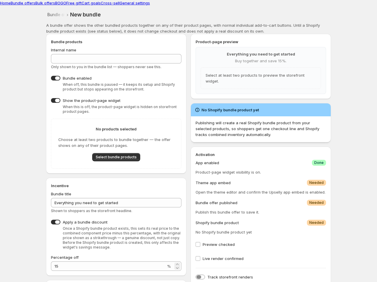 The bundle editor: products, incentive, live preview and the activation checklist