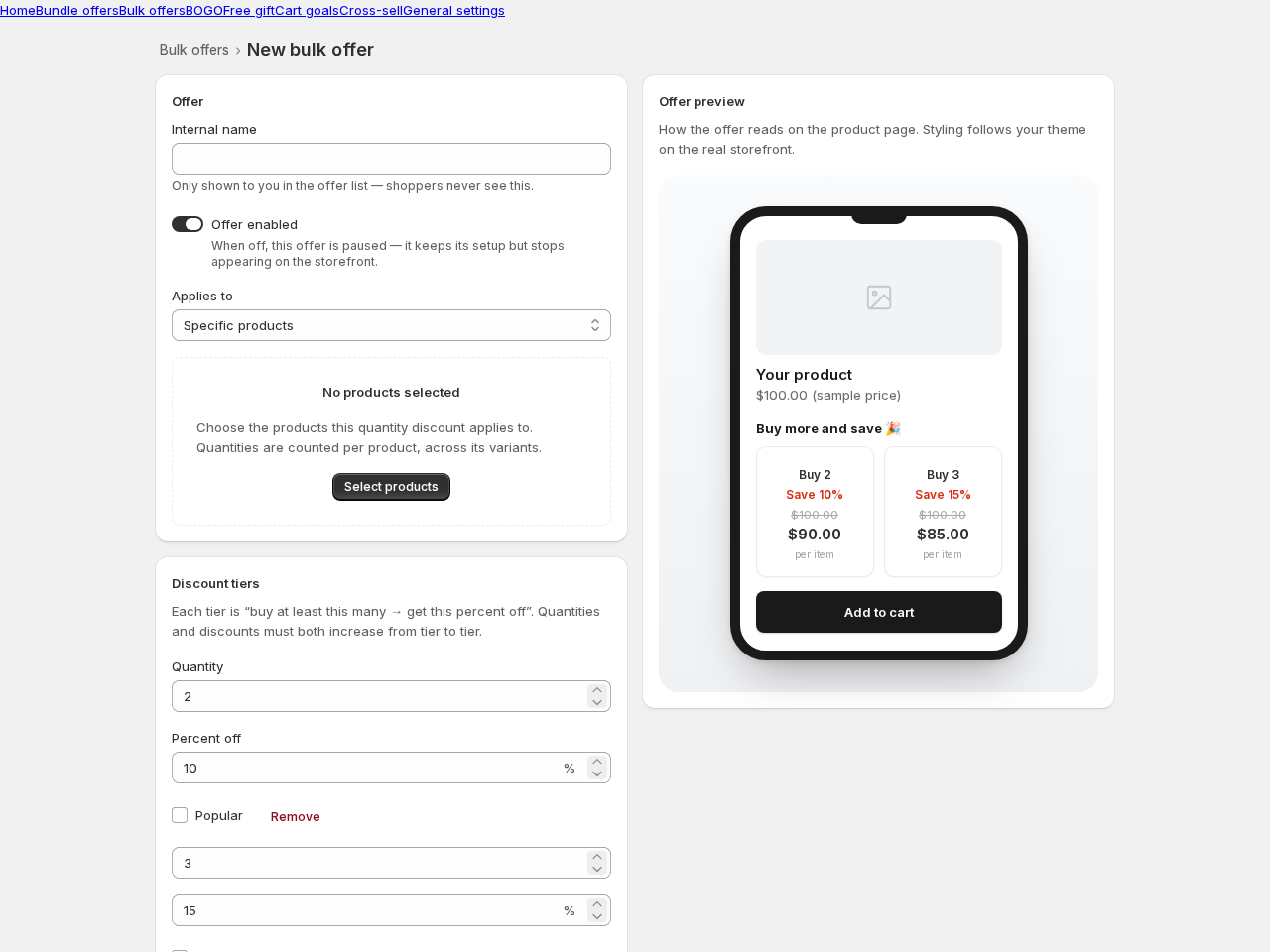The bulk offer editor with tiers and live preview