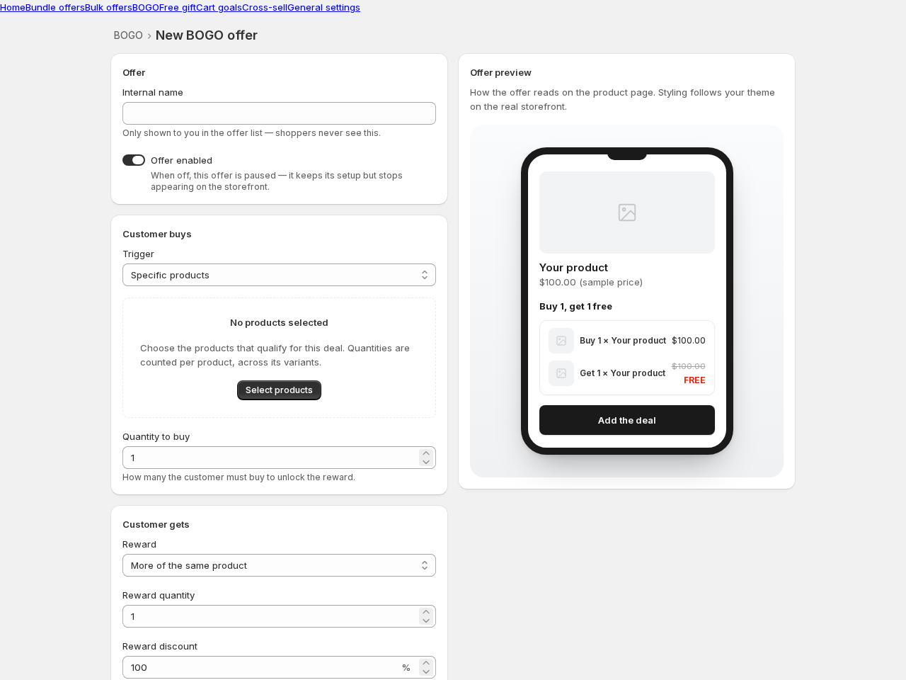 The BOGO editor: customer buys / customer gets, with a live preview