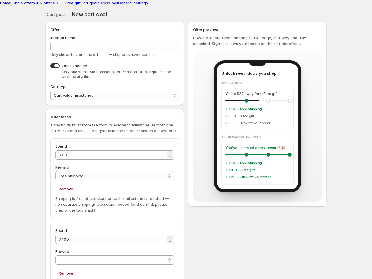 The cart goals editor: milestones and the ladder preview