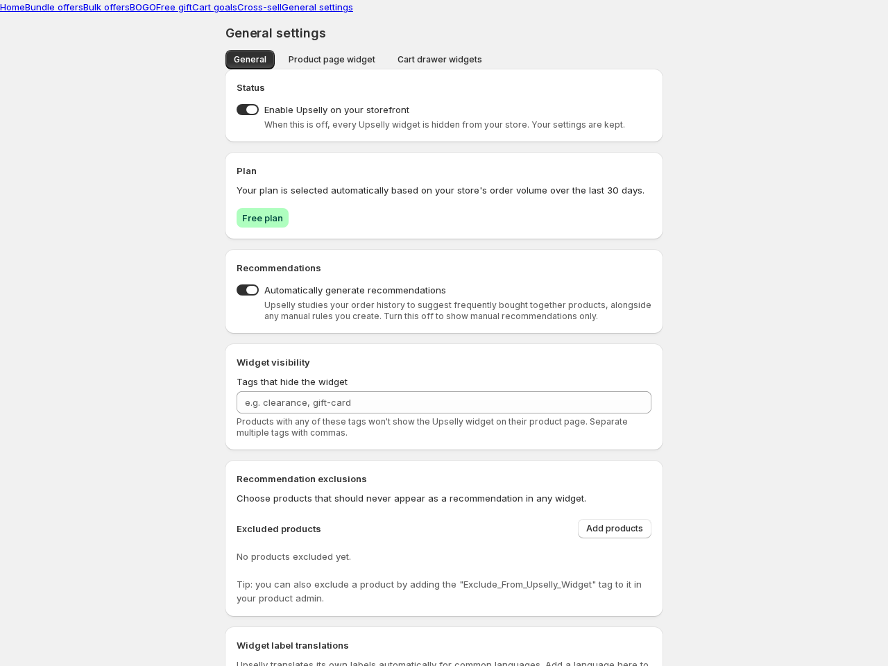 General settings: status, plan, recommendations, widget visibility